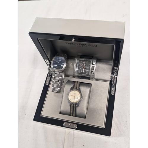 375 - Emporio Armani watch in box with 3 x other watches (not Armani)