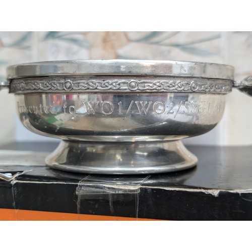 236 - Scottish Piper pewter military Presentation Quaich with thistle lugs - engraved around the edge