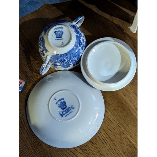 25 - Rare Masons, blue and white Oriental Pagoda scene patterned, hot chocolate 2-handle cup and saucer w... 