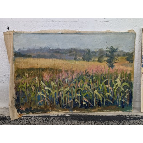 163 - Trio of small landscape paintings being field scene on canvas and attached to board, garden scene on... 