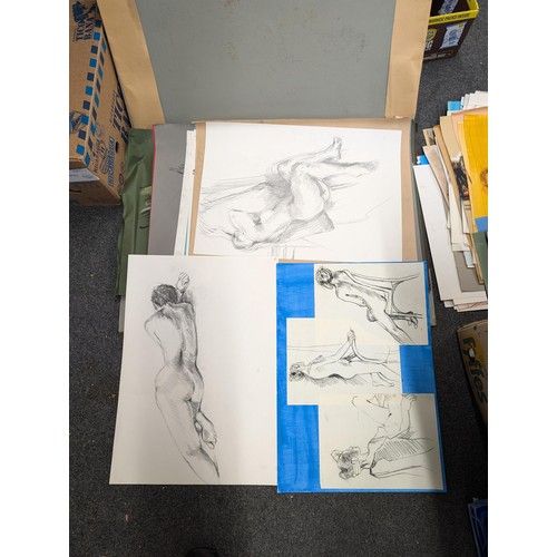 344 - A1 size cardboard folio with 140 (some double sided) assorted sketches, shadings, printings and genr... 