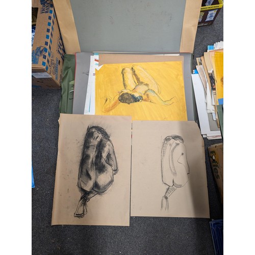 344 - A1 size cardboard folio with 140 (some double sided) assorted sketches, shadings, printings and genr... 