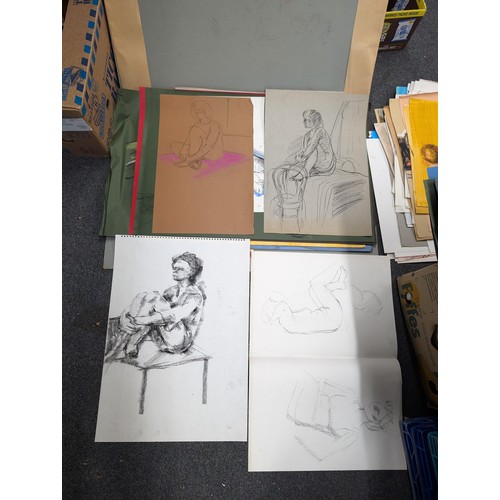 344 - A1 size cardboard folio with 140 (some double sided) assorted sketches, shadings, printings and genr... 