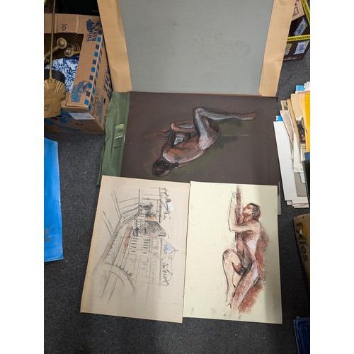 344 - A1 size cardboard folio with 140 (some double sided) assorted sketches, shadings, printings and genr... 