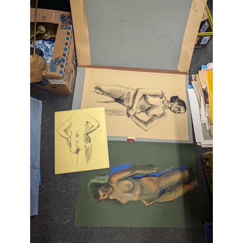 344 - A1 size cardboard folio with 140 (some double sided) assorted sketches, shadings, printings and genr... 