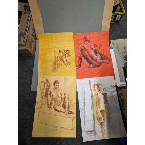 344 - A1 size cardboard folio with 140 (some double sided) assorted sketches, shadings, printings and genr... 