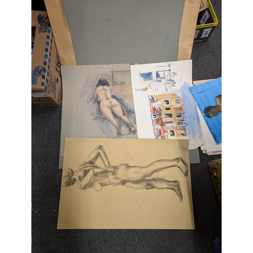 344 - A1 size cardboard folio with 140 (some double sided) assorted sketches, shadings, printings and genr... 