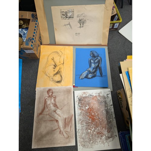 344 - A1 size cardboard folio with 140 (some double sided) assorted sketches, shadings, printings and genr... 