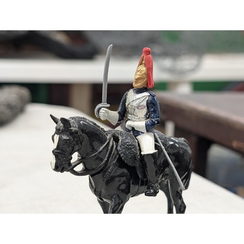 249 - Vintage Britains Queen on horseback, 2 x guards on horseback and standing colour bearer figures