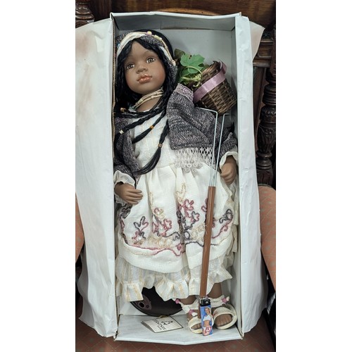 359 - Rare approx 2ft tall ethnic Alberon porcelain doll with basket of fruit and stand in original box