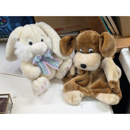 367 - Retro Taylor and Squires dog shaped hot water bottle cover and retro plush Metro rabbit cuddly