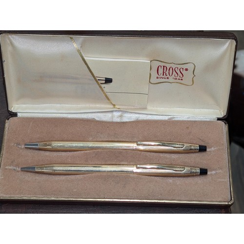 91 - Vintage Cross gold tone biro and pencil self propelling set in case