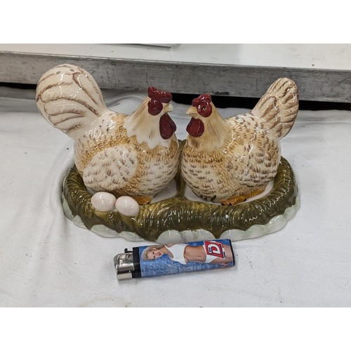 201 - Large novelty chicken cruet set with dish