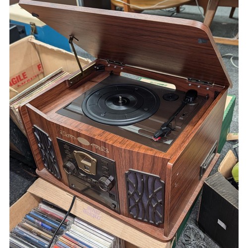 265 - Retro Derens vintage look micro audio system, numbered 49450, with record player/tape and CD, plus b... 