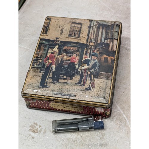 30 - Vintage Sharpe & Son toffee tin with Castle Museum York picture lid and containing quantity of vinta... 