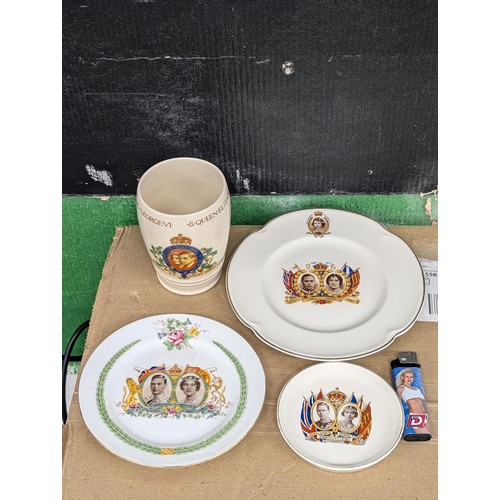 172 - 2 x plates, small dish and beaker to celebrate the coronation of King George VI - assorted makers an... 