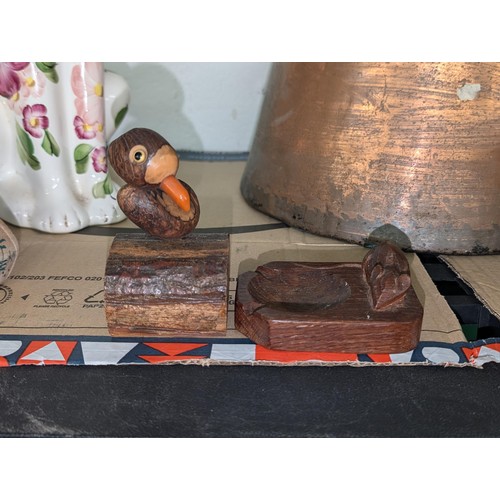 17 - Vintage Mouseman ashtray and other wooden mounted nut bird figure