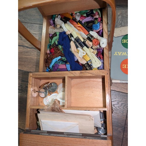 33 - Mid-century wooden cantilever sewing box and contents