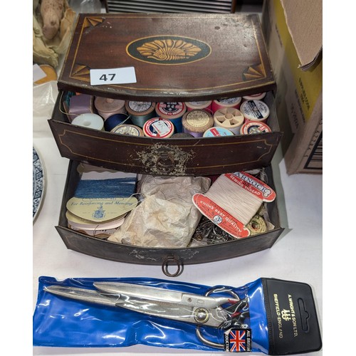 47 - Vintage 2 drawer sewing tin with contents and scissors