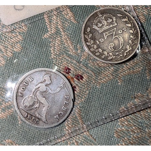 96 - Small vintage leather coin purse with1855 silver groat and 1902 silver 3d coins