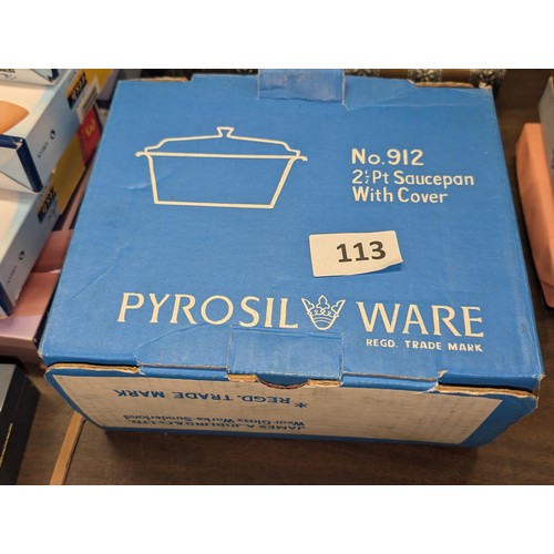 113 - Boxed and unused vintage Pyrosil Ware no.912, 2.5 pint saucepan with cover