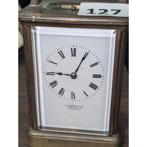 127 - Stunning late 19th century brass carriage clock with chime, very clean and working. Front states J. ... 