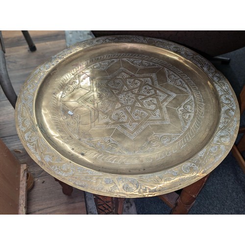 174 - Benares style North African brass tray table and inlaid small wine table (needs minor attention)