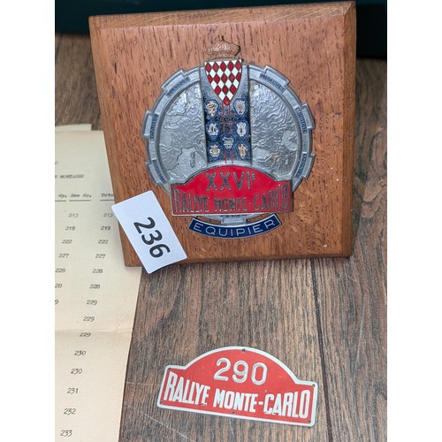 236 - 1956 Monte Carlo rally plaque, car plate number and ephemera