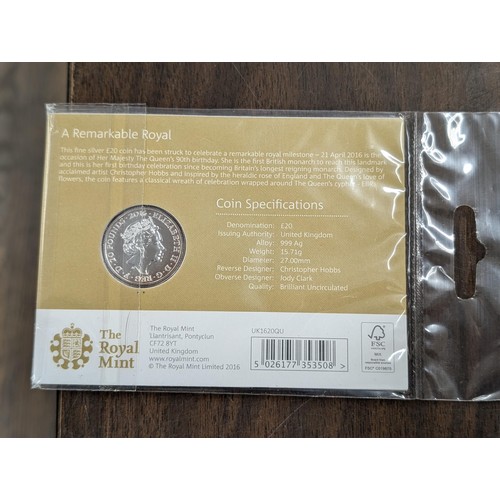 349 - Still sealed Royal mint 2016 Queen Elizabeth II 90th birthday £20 fine silver coin