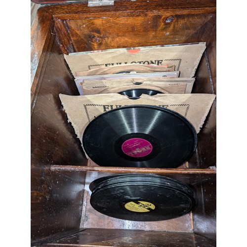 232 - 1920/30s Fullotone sound box wind up record player in Oak cabinet with assorted 78s and long play re... 