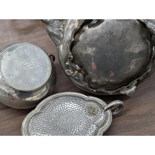 194 - Old pewter tea set and none matching large pumpkin teapot