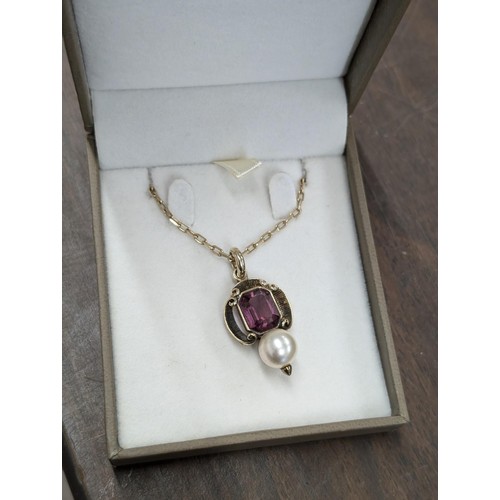 464 - Gold over silver 24 inch necklace with Amethyst and Pearl pendant