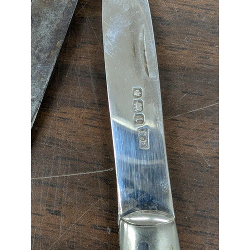 366 - Sheffield 1928, William Needham silver bladed folding fruit knife with mother of pearl handle togeth... 