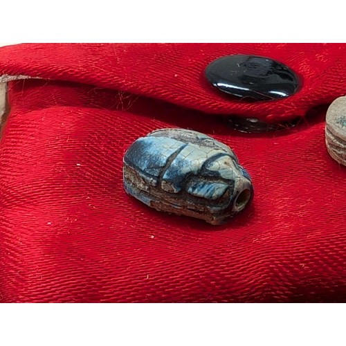 360 - Pair of carved Ancient Egyptian scarab beetles with note stating from the tomb of Thebes and from th... 