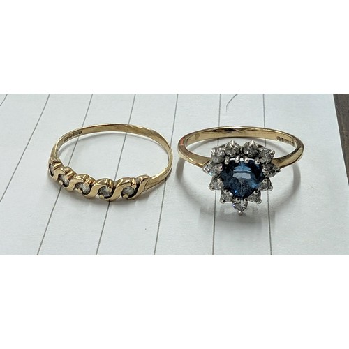 462 - 2 x 375 hallmarked 9 carat gold dress rings being blue stone size Q - 2.1 gm and CZ size P - 1.0 gm