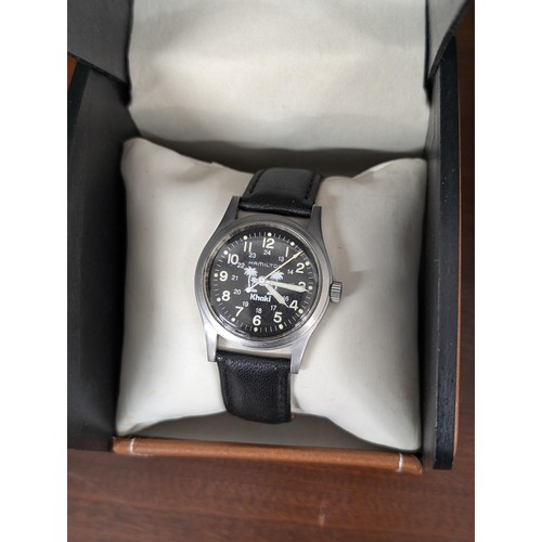 428 - Working genuine Hamilton Khaki manual wind watch in box with leather strap