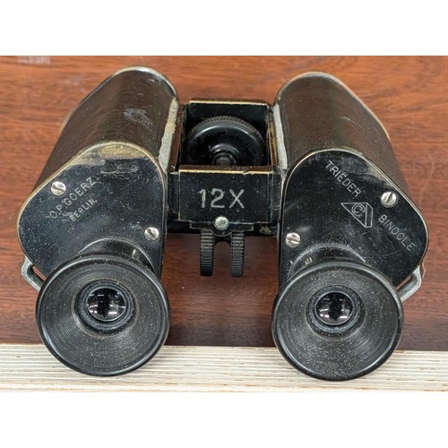 262 - Pair of genuine WWI Goerz Berlin, German trench binoculars in leather case with initialled top