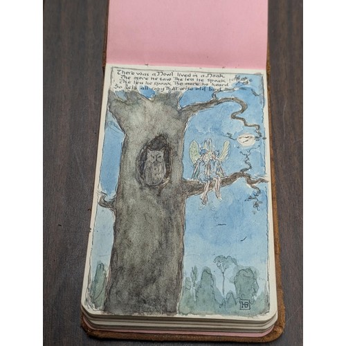 413 - Vintage leather bound Autograph book with messages, drawings and paintings dating 1940s