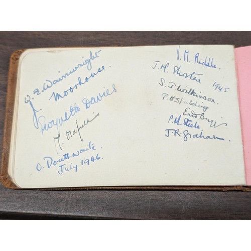 413 - Vintage leather bound Autograph book with messages, drawings and paintings dating 1940s