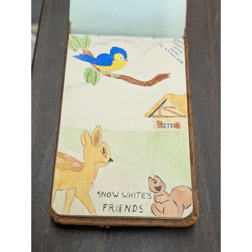 413 - Vintage leather bound Autograph book with messages, drawings and paintings dating 1940s