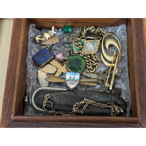 22 - Brass inlay wooden box with vintage and antique bits and pieces