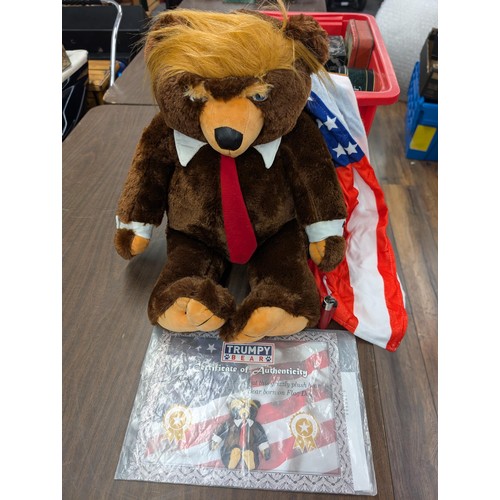 192 - Approximately 2FT Trumpy plush teddy with large flag cape in back and with certificate, purchased in... 