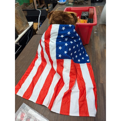 192 - Approximately 2FT Trumpy plush teddy with large flag cape in back and with certificate, purchased in... 