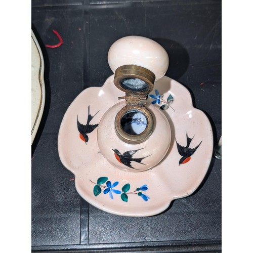 57 - 19th century ceramic desk top ink well with hand painted swallows and flowers decoration