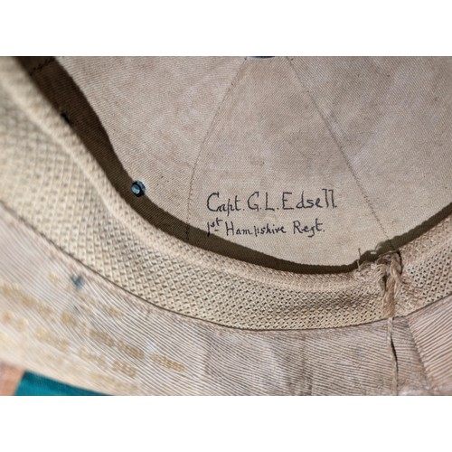 92 - Rare genuine Hawkes & Co Saville Rd, for Laffans Bombay, pith helmet. Captain G.L. Edsell 1st Hampsh... 