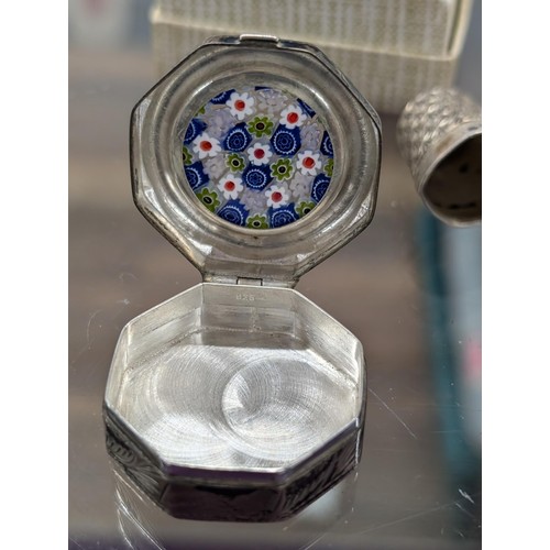 372 - 925 silver pill box with millefiori top and sterling stamped silver thimble