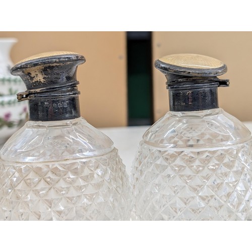 50 - 1930 Birmingham hallmarked guilloche top pair of cut glass scent bottles and matching pot (all distr... 