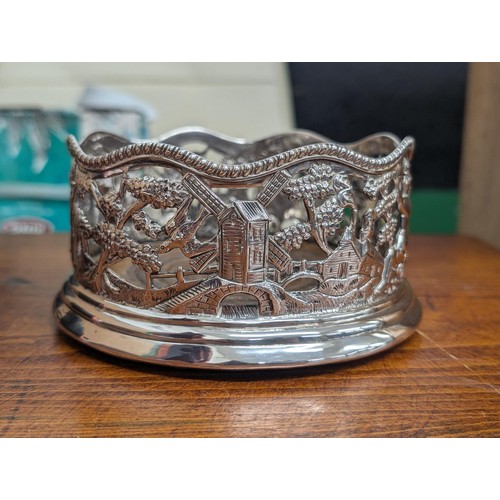 363 - Edwardian London hallmarked silver champagne coaster, very ornate fretwork scene