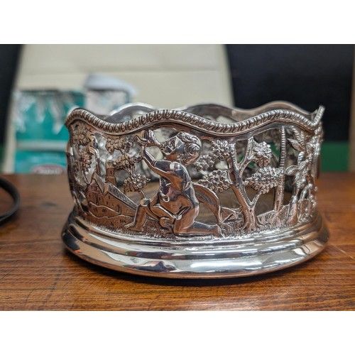 363 - Edwardian London hallmarked silver champagne coaster, very ornate fretwork scene