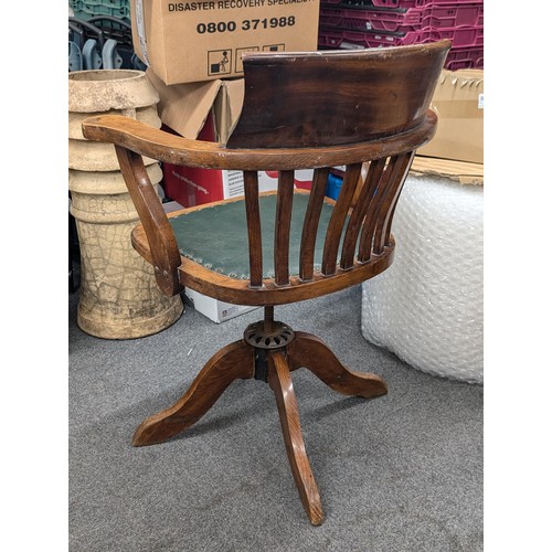 333 - Early 1900s oak and leather swivel office chair - supports wobbly will need strengthening